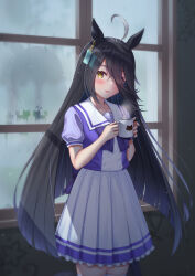 Rule 34 | 1girl, absurdres, animal ears, black hair, bow, coffee, coffee mug, condensation, cup, earrings, glass writing, highres, horse ears, horse girl, indoors, jewelry, looking at viewer, manhattan cafe (umamusume), mug, multicolored clothes, multicolored skirt, orito sati, pleated skirt, purple bow, purple shirt, purple skirt, school uniform, shirt, single earring, skirt, solo, steam, thighhighs, tracen school uniform, umamusume, white skirt, white thighhighs, window fog, yellow eyes