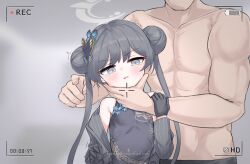 Rule 34 | 1boy, 1girl, bare shoulders, black gloves, black hair, blue archive, blush, china dress, chinese clothes, double bun, dress, gloves, grey eyes, hair bun, jokebag, kisaki (blue archive), muscular, muscular male, open mouth, pointing, recording, sweat, tears, topless, twintails