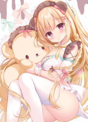 Rule 34 | 1girl, animal ears, bear ears, blonde hair, blush, bow, bowtie, commentary, detached sleeves, hair ornament, hairclip, highres, long hair, looking at viewer, pink ribbon, purple eyes, ribbon, shirosei mochi, solo, stuffed animal, stuffed toy, symbol-only commentary, teddy bear, thighhighs, two side up, white thighhighs, yellow bow, yellow bowtie