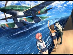 Rule 34 | 10s, 3girls, :t, aichi m6a seiran, aircraft, airplane, barefoot, blonde hair, blouse, blue one-piece swimsuit, brown hair, canopy, cloud, cockpit, collarbone, day, deck, dutch angle, hat, highres, i-400-class-submarine, i-401, i-401 (kancolle), i-58 (kancolle), kantai collection, karo-chan, letterboxed, long hair, military, military vehicle, mother ship, multiple girls, one-piece swimsuit, parasite aircraft, pink hair, pout, propeller, school swimsuit, seaplane, ship, shirt, short hair, side ponytail, sky, sleeveless, sleeveless shirt, standing, submarine, submarine aircraft carrier, swimsuit, swimsuit under clothes, u-511 (kancolle), uniform, vehicle focus, warship, water, watercraft, waving, white shirt