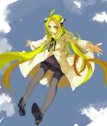 Rule 34 | 1girl, ahoge, blonde hair, bolt, franken fran, glasgow smile, highres, lab coat, long hair, madaraki fran, outstretched arms, pantyhose, shoes, skirt, solo, stitches, very long hair, yaozhiligenius, yellow eyes