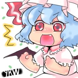 Rule 34 | 1girl, ^^^, bat wings, chibi, fang, female focus, hat, lowres, remilia scarlet, simple background, solo, touhou, v-shaped eyebrows, white background, wings