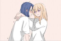 Rule 34 | 2girls, adachi to shimamura, arms around neck, blonde hair, blue hair, blush, closed mouth, commentary request, eye contact, green eyes, hair ornament, hairclip, long hair, long sleeves, looking at another, medium hair, multiple girls, parted lips, pink background, purple eyes, rindesugesu, shimamura hougetsu, shirt, short hair, simple background, smile, trembling, upper body, white shirt, yuri