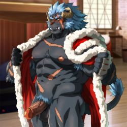 Rule 34 | 1boy, abs, armpit hair, bara, bare pectorals, blue hair, blush, curled horns, erection, eyebrow cut, fangs, feet out of frame, fur-trimmed jacket, fur trim, furry, furry male, grey fur, highres, horns, indoors, jacket, krampus (housamo), large pectorals, looking at viewer, male focus, male pubic hair, medium hair, muscular, muscular male, naked jacket, navel, nipples, open clothes, open jacket, pectorals, penis, pubic hair, rossciaco, santa costume, scar, scar across eye, scar on face, scar on leg, scar on stomach, solo, stomach, thick eyebrows, thick thighs, thighs, tokyo houkago summoners, uncensored, undressing, veins, veiny penis