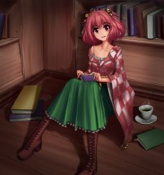 Rule 34 | 1girl, bell, book, bookshelf, boots, checkered clothes, checkered kimono, collarbone, cross-laced footwear, cup, green skirt, hair bell, hair ornament, hater (hatater), highres, japanese clothes, kimono, long skirt, long sleeves, looking at viewer, motoori kosuzu, non-web source, off shoulder, on floor, open book, open mouth, red eyes, red hair, short hair, sitting, skirt, smile, solo, tea, teacup, touhou, twintails, two side up, wide sleeves