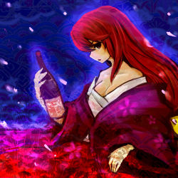 Rule 34 | 1girl, bare shoulders, bottle, bow, breasts, chagu, cherry blossoms, cleavage, female focus, flower, hair bow, japanese clothes, kimono, kotohime (touhou), long hair, off shoulder, petals, phantasmagoria of dim.dream, profile, red eyes, red hair, solo, touhou, touhou (pc-98)