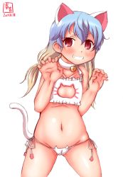 Rule 34 | 1girl, animal ears, bell, neck bell, blonde hair, blue hair, bra, cameltoe, cat cutout, cat ear panties, cat ears, cat lingerie, cat tail, choker, cleavage cutout, clothing cutout, cowboy shot, dated, frilled bra, frills, gradient hair, grin, highres, jingle bell, kanon (kurogane knights), kantai collection, logo, long hair, looking at viewer, meme attire, multicolored hair, panties, paw pose, sado (kancolle), side-tie panties, simple background, smile, solo, tail, underwear, underwear only, white background, white bra, white panties