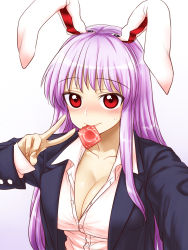 Rule 34 | 1girl, animal ears, blazer, blush, breasts, cleavage, collarbone, condom, condom in mouth, female focus, gradient background, highres, itou yuuji, jacket, large breasts, long hair, long sleeves, looking at viewer, mouth hold, open clothes, open jacket, open shirt, purple hair, rabbit ears, red eyes, reisen udongein inaba, shirt, solo, touhou, unbuttoned, upper body, v, very long hair