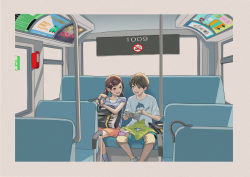 Rule 34 | 1boy, 1girl, :d, absurdres, bag, black hair, book, brown hair, bus interior, child, friends, hair ornament, happy, highres, holding, holding book, macaronk, open mouth, original, shirt, shorts, sitting, smile, twintails