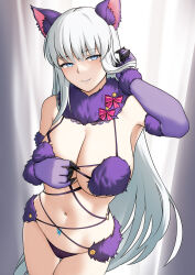 Rule 34 | 1girl, adjusting hair, animal ears, animal hands, backlighting, bbk (13zk), blue eyes, blue lips, breasts, closed mouth, collarbone, cosplay, elbow gloves, fake animal ears, fate/grand order, fate (series), fur-trimmed gloves, fur trim, gloves, grey hair, hair down, highres, indoors, large breasts, long hair, looking at viewer, mash kyrielight, mash kyrielight (cosplay), mash kyrielight (dangerous beast), mash kyrielight (dangerous beast) (cosplay), morgan le fay (fate), navel, paw gloves, purple gloves, revealing clothes, smile, solo, stomach tattoo, tattoo, very long hair, wolf ears