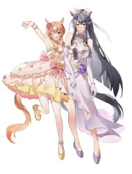 Rule 34 | 2girls, absurdres, alternate costume, alternate hairstyle, animal ears, ankle garter, bandaid, bandaid on face, bandaid on nose, bare shoulders, black hair, blush, breasts, cleavage, dress, elbow gloves, flower, full body, gloves, hair flower, hair ornament, high heels, highres, horse ears, horse girl, horse tail, large breasts, layered dress, locked arms, long hair, mayano top gun (sunlight bouquet) (umamusume), mayano top gun (umamusume), multiple girls, narita brian (umamusume), one eye closed, open mouth, orange hair, pink dress, pink gloves, purple dress, purple gloves, simple background, small breasts, smile, standing, standing on one leg, strapless, strapless dress, sweatdrop, tail, teeth, thigh strap, umamusume, unneul, upper teeth only, white background, yellow eyes