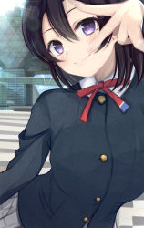 Rule 34 | 1girl, absurdres, black hair, checkered clothes, checkered skirt, commentary request, day, highres, long sleeves, love live!, love live! sunshine!!, love live! sunshine!! the school idol movie over the rainbow, prelude ls, purple eyes, red neckwear, short hair, skirt, solo, v, watanabe tsuki
