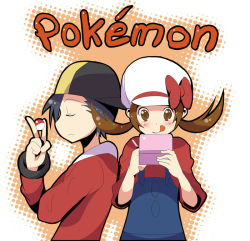 Rule 34 | 00s, 1boy, 1girl, alternate costume, between fingers, black hair, brown eyes, brown hair, creatures (company), ethan (pokemon), game freak, handheld game console, hat, hat ribbon, holding, holding poke ball, lyra (pokemon), nintendo, nintendo dsi, playing games, poke ball, pokemon, pokemon hgss, red ribbon, ribbon, short twintails, tongue, twintails