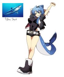Rule 34 | 1girl, absurdres, animal, arm behind head, arms up, belt, belt buckle, black footwear, black jacket, black shorts, blue hair, boots, bright pupils, buckle, colored sclera, cropped jacket, dorsal fin, fins, fish tail, full body, gomulgong, grey sclera, grin, head fins, highres, jacket, long hair, looking at viewer, lowleg, lowleg shorts, original, personification, photo inset, shark, shark tail, sharp teeth, short shorts, shorts, sidelocks, simple background, skin tight, smile, solo, standing, tail, teeth, two-sided fabric, white background, white belt, white pupils, yellow eyes