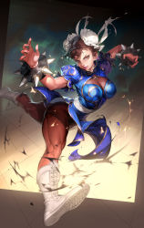 Rule 34 | 1girl, blue dress, boots, bracelet, breasts, brown eyes, brown hair, brown pantyhose, bun cover, capcom, china dress, chinese clothes, chun-li, cleavage, cross-laced footwear, dean holdeen, double bun, dress, earrings, fighting stance, fingernails, flying kick, hair bun, hair pulled back, highres, jewelry, kicking, lips, pantyhose, pelvic curtain, puffy short sleeves, puffy sleeves, sash, short sleeves, side slit, solo, spiked bracelet, spikes, spread legs, street fighter, street fighter ii (series), thick thighs, thighs, white footwear