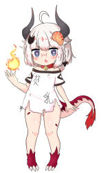 Rule 34 | 1girl, ahoge, bailingxiao jiu, bare shoulders, bell, black bow, blue eyes, bow, braid, claws, collar, curled horns, dragon girl, dragon horns, dragon tail, dress, fingernails, fire, hair bow, hair ornament, hand up, heart, heart-shaped pupils, highres, horns, jingle bell, nail polish, neck bell, off-shoulder dress, off shoulder, open mouth, original, red collar, red nails, sharp fingernails, short sleeves, side braid, silver hair, single braid, solo, symbol-shaped pupils, tail, torn clothes, torn dress, white dress