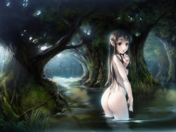 Rule 34 | 1girl, :o, ass, bathing, blue eyes, blush, breasts, brown hair, elf, lake, large breasts, long hair, looking at viewer, looking back, nature, nipples, nude, nudist, open mouth, original, outdoors, pointy ears, river, scenery, simosi, skinny dipping, solo, tree, wading, water, wet, wetland, zenra