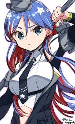 Rule 34 | 1girl, arm warmers, black jacket, black necktie, blue eyes, blue hair, breasts, commentary request, dress shirt, headgear, jacket, kantai collection, laco soregashi, large breasts, long hair, looking at viewer, midriff, multicolored hair, necktie, one-hour drawing challenge, parted lips, pole, red hair, shirt, simple background, solo, south dakota (kancolle), star (symbol), upper body, white background, white hair, white shirt