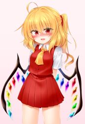 Rule 34 | 1girl, :d, ahoge, arms behind back, ascot, blush, breasts, commentary request, cowboy shot, crystal, fang, flandre scarlet, grey background, highres, looking at viewer, marukyuu ameya, medium breasts, medium hair, no headwear, one side up, open mouth, petite, pleated skirt, red eyes, red skirt, red vest, short sleeves, simple background, skin fang, skirt, skirt set, smile, solo, textless version, touhou, vest, wing collar, wings, yellow ascot