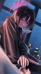 1boy 1girl absurdres black_hair black_hoodie blue_archive blurry bocchi_(kuropom7) closed_mouth commentary_request depth_of_field ear_piercing expressionless halo highres hood hoodie indoors looking_at_viewer misaki_(blue_archive) night night_sky piercing pov pov_hands red_eyes red_halo short_hair sitting sky