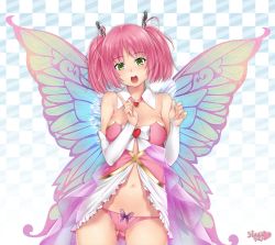 Rule 34 | 1girl, artist request, breasts, bridal gauntlets, butterfly wings, commentary, detached collar, dress, elbow gloves, english commentary, fairy, fairy wings, female focus, game cg, gloves, gluteal fold, green eyes, hair ornament, hairclip, hunie (series), huniepop, huniepop 2, insect wings, kyu sugardust, looking at viewer, medium breasts, medium hair, official art, panties, pink dress, pink hair, pink panties, promotional art, short twintails, showgirl skirt, solo, standing, strapless, twintails, underwear, white gloves, wings