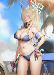 Rule 34 | 1girl, absurdres, alternate costume, alternate hairstyle, animal ears, armband, beach, bikini, blonde hair, blue archive, blue armband, blue bikini, blue eyes, blurry, blurry background, breasts, car, cleavage, collar, commentary request, contrapposto, cuffs, day, dog ears, dog girl, feet out of frame, glock, gun, hair over one eye, halo, hand on own hip, handcuffs, handgun, highres, holding, holding gun, holding weapon, kanna (blue archive), large breasts, long hair, looking ahead, motor vehicle, navel, open mouth, outdoors, palm tree, police car, ponytail, red collar, sharp teeth, shtauffen, side-tie bikini bottom, solo, stomach, swimsuit, teeth, thighs, tree, weapon, weapon request, yellow halo