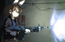 Rule 34 | 10s, 1girl, :3, animal ears, black jacket, black shirt, closed mouth, commentary, extra ears, from side, ghost in the shell, ghost in the shell: innocence, gloves, gun, holding, holding gun, holding weapon, indoors, jacket, kemono friends, looking to the side, print neckwear, print skirt, serval (kemono friends), serval print, serval tail, shaded face, shirt, skirt, sleeveless, smirk, solo, standing, striped tail, tail, tessaku ro, upper body, v-shaped eyebrows, weapon, weapon request, white gloves, yellow neckwear, yellow skirt