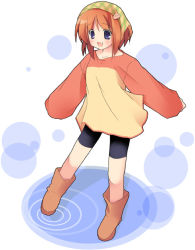 Rule 34 | 1girl, :d, bike shorts, blue eyes, blush, boots, brown hair, fang, flower, full body, head scarf, legs apart, lily of the valley, long sleeves, mizoguchi keiji, open mouth, short hair, shorts, simple background, smile, solo, standing, striped edge, suigetsu, waha, water, white background, yamato suzuran