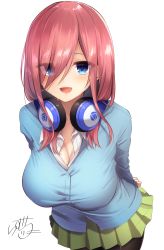Rule 34 | 1girl, :d, arms behind back, bad id, bad pixiv id, black pantyhose, blue cardigan, blue eyes, breasts, buttons, cardigan, cleavage, collarbone, collared shirt, cowboy shot, go-toubun no hanayome, green skirt, hair over one eye, headphones, headphones around neck, highres, large breasts, leaning forward, long hair, long sleeves, looking at viewer, miniskirt, nakano miku, open mouth, pantyhose, pink hair, pleated skirt, ramchi, school uniform, shirt, sidelocks, signature, simple background, skirt, smile, solo, standing, taut clothes, taut shirt, undershirt, white background, white shirt