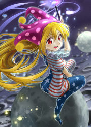 Rule 34 | 1girl, alternate legwear, american flag dress, american flag legwear, american flag shirt, baijiin poison, blonde hair, clownpiece, dress, fairy wings, hat, jester cap, long hair, looking at viewer, looking back, moon, open mouth, pantyhose, red eyes, smile, solo, star (symbol), striped clothes, striped dress, striped thighhighs, thighhighs, torch, touhou, very long hair, wings