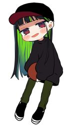 Rule 34 | 1girl, ball, baseball cap, black footwear, black hair, black hat, blunt bangs, blush, colored inner hair, ear piercing, full body, green hair, green pants, hair behind ear, hat, highres, holding, holding ball, long hair, long sleeves, looking at viewer, multicolored hair, no nose, open mouth, original, pants, piercing, red eyes, riku (ururi7610), shoes, simple background, sleeves past wrists, smile, solo, standing, straight hair, sweater, white background