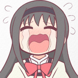 Rule 34 | 1girl, akemi homura, beige background, beige vest, black hair, blush, bow, bowtie, closed eyes, collared shirt, commentary request, crying, flying sweatdrops, hair between eyes, hair ornament, hairband, long hair, mahou shoujo madoka magica, mahou shoujo madoka magica (anime), mitakihara school uniform, no nose, outline, purple hairband, red bow, red outline, school uniform, shirt, sidelocks, simple background, solo, streaming tears, tears, upper body, vest, wavy mouth, white shirt, yuno385