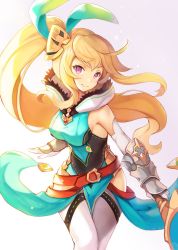 Rule 34 | 1girl, bare shoulders, blonde hair, bow, breasts, closed mouth, commentary request, dragalia lost, elbow gloves, elisanne, floating hair, gloves, green bow, hair bow, highres, long hair, looking at viewer, medium breasts, pelvic curtain, pink eyes, sibyl, side ponytail, smile, solo, standing, thighhighs, very long hair, white thighhighs