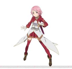 Rule 34 | 10s, 1girl, alternate weapon, armor, breastplate, dagger, full body, hair ornament, holding, holding weapon, knife, lisbeth (sao), lisbeth (sao-alo), long hair, looking at viewer, pink hair, pleated skirt, pointy ears, red eyes, red skirt, red thighhighs, short hair, skirt, smile, solo, sword art online, sword art online: code register, thighhighs, watermark, weapon, zettai ryouiki