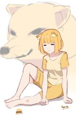 Rule 34 | 1girl, = =, absurdres, animal ear fluff, animal ears, barefoot, burger, closed mouth, commentary, dog, dog ears, doge, ears down, english commentary, closed eyes, facing viewer, food, gar32, highres, meme, orange shorts, original, personification, shirt, short sleeves, shorts, signature, sitting, smile, solo, yellow shirt