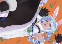 Rule 34 | 1girl, animal ear fluff, animal ears, ankle cuffs, arm cuffs, armpits, black gloves, black leotard, black pantyhose, blue hair, blurry, braid, breasts, carrot hair ornament, claw pose, commentary, depth of field, dress, falling, food-themed hair ornament, fur-trimmed gloves, fur trim, gloves, hair between eyes, hair ornament, hair ribbon, highres, hololive, kiriyama, leotard, light blue hair, long hair, looking at viewer, medium breasts, multicolored hair, off-shoulder dress, off shoulder, open mouth, orange background, pantyhose, patterned background, playboy bunny, rabbit ears, red eyes, ribbon, sideways, solo, symbol-shaped pupils, tress ribbon, twin braids, twintails, two-tone hair, usada pekora, usada pekora (1st costume), virtual youtuber, white dress, white hair
