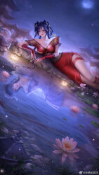 Rule 34 | 2girls, absurdres, artist request, bare shoulders, black hair, building, chi lian (qin shi ming yue), closed mouth, different reflection, dress, dual persona, flower, fog, highres, lantern, lily pad, lotus, lying, moon, multi-tied hair, multiple girls, off-shoulder dress, off shoulder, on side, qinshi mingyue, red dress, reflection, second-party source, smile, snake, thigh strap, water