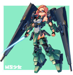 Rule 34 | 1girl, absurdres, ag 00000, beam saber, blue eyes, bodysuit, breasts, clenched hands, gaplant, glasses, gundam, highres, holding, holding sword, holding weapon, looking down, mecha musume, medium breasts, personification, pink hair, solo, sword, weapon, zeta gundam