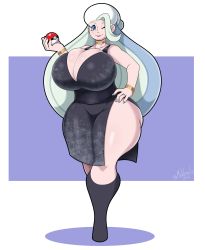 Rule 34 | 1girl, absurdres, bare shoulders, black dress, black footwear, blue eyes, blue hair, boots, bracelet, breasts, choker, cleavage, closed mouth, collarbone, creatures (company), curvy, dress, full body, game freak, grey hair, hand on own hip, highres, holding, holding poke ball, huge breasts, jewelry, long hair, looking at viewer, mature female, mehdrawings, melony (pokemon), multicolored hair, nail polish, nintendo, one eye closed, poke ball, poke ball (basic), pokemon, pokemon swsh, ring, side slit, simple background, sleeveless, smile, solo, standing, thick thighs, thighs, two-tone hair, white background, wide hips