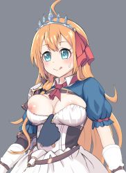 Rule 34 | 1girl, absurdres, ahoge, armor, arms at sides, breasts, grey background, highres, nipple slip, nipples, pauldrons, pecorine (princess connect!), princess connect!, shoulder armor, simple background, tongue, tongue out