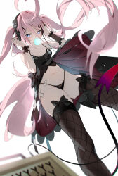 Rule 34 | 1girl, absurdres, ahoge, artist name, bandaid, bandaid on leg, bare shoulders, black bow, black dress, black nails, black panties, black thighhighs, blue eyes, bow, breasts, cable, chewing gum, collarbone, commentary, crossed bandaids, demon tail, dress, dutch angle, fishnet thighhighs, fishnets, from below, hair ornament, hairclip, headphones, heart, heart-shaped pupils, highleg, highleg panties, highres, long hair, looking at viewer, mole, mole on stomach, mole under eye, navel, original, panties, pink hair, rosem lin, simple background, small breasts, solo, string panties, symbol-only commentary, symbol-shaped pupils, tail, thighhighs, twintails, two-sided dress, two-sided fabric, underwear, white background