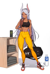 Rule 34 | 1girl, abs, absurdres, animal ears, boku no hero academia, bottle, can, collarbone, crop top, dark-skinned female, dark skin, full body, hellk111, high-waist pants, highres, long hair, looking at viewer, midriff, mirko, nike (company), open mouth, pants, rabbit ears, red eyes, red neckwear, scar, scar on arm, scar on stomach, shoes, simple background, sneakers, solo, standing, teeth, very long hair, white background, white hair, yellow pants, yoga pants