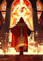 Rule 34 | 1boy, black footwear, black robe, boots, border, censer, ceremony, chain, cloak, commentary, elrohirz, facing away, fire, formal, from behind, full body, grey background, hand wraps, highres, holding, hood, hood up, hooded cloak, indoors, long sleeves, male focus, original, outstretched arms, red cloak, red theme, robe, smile, solo, stained glass, stairs, standing, wide sleeves