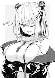 Rule 34 | 1girl, ;d, bare shoulders, breasts, collarbone, commission, double bun, dress, fangs, greyscale, hair between eyes, hair bun, hair ornament, highres, indie virtual youtuber, jacket, kichihachi, large breasts, long sleeves, looking at viewer, monochrome, nekokuma ruru, off shoulder, one eye closed, open clothes, open jacket, open mouth, second-party source, short hair, skeb commission, smile, solo, tassel, upper body, virtual youtuber