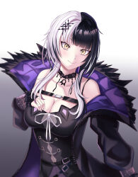 Rule 34 | 1girl, absurdres, bestrix, black background, black choker, black coat, black dress, black hair, breasts, chest belt, choker, cleavage, coat, dress, frilled choker, frills, fur-trimmed coat, fur trim, hand on own chest, highres, hololive, hololive english, large breasts, looking at viewer, medium hair, multicolored hair, shiori novella, shiori novella (1st costume), smile, solo, split-color hair, two-tone background, virtual youtuber, white background, white hair, yellow eyes