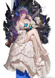 Rule 34 | 1girl, bare legs, bird, bouquet, braid, breasts, bug, butterfly, cleavage, detached sleeves, dress, flower, full body, girls&#039; frontline, gun, high heels, highres, huge breasts, insect, jewelry, large breasts, long hair, necklace, off-shoulder dress, off shoulder, official alternate costume, official art, owl, parted lips, purple hair, red eyes, sidelocks, single braid, sitting, solo, thighs, toe cleavage, very long hair, weapon, white dress, whoisshe, zb-26 (girls&#039; frontline), zb-26 (the 1000th paper crane) (girls&#039; frontline)