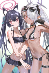 Rule 34 | 2girls, absurdres, animal ear fluff, animal ears, armpits, bikini, black bikini, black gloves, black hair, blue archive, bow, breasts, cat ears, cat girl, cleavage, commentary request, dark skin, demon girl, demon tail, frilled bikini, frills, gloves, grey hair, hair between eyes, hair bow, hair over one eye, hair ribbon, halo, highres, iori (blue archive), iori (swimsuit) (blue archive), long hair, looking at viewer, medium hair, multi-strapped bikini bottom, multiple girls, navel, official alternate costume, pointy ears, red eyes, ribbon, ryoma (rym 369), serika (blue archive), serika (swimsuit) (blue archive), sidelocks, simple background, stomach, sweatdrop, swimsuit, tail, trait connection, twintails, wet, wet clothes, wet swimsuit, white background
