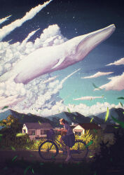 Rule 34 | 1girl, absurdres, bicycle, blue skirt, blue sky, building, cloud, cloudy sky, collared shirt, cumulonimbus cloud, day, floating, highres, hiromumaru, leaf, mountain, original, outdoors, shirt, shoes, short sleeves, skirt, sky, solo, surreal, tree, whale, white shirt, wide shot