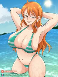 1girl absurdres armpits arms_behind_head arms_up bikini blue_sky breasts cleavage cloud collarbone cowboy_shot day earrings eyebrows eyelashes female_focus from_above green_bikini grin highres huge_breasts jewelry lips matching_hair/eyes nami_(one_piece) naughty_face navel ocean omitv one_piece orange_eyes orange_hair outdoors patreon_logo patreon_username shoulder_tattoo sky smile solo standing sun swimsuit tattoo teeth thighs two-tone_bikini water watermark wet white_bikini wide_hips