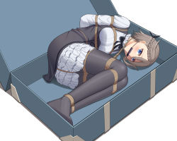 Rule 34 | 1girl, absurdres, ange (princess principal), arms behind back, bdsm, bit gag, black bow, black bowtie, blouse, blue eyes, blush, bondage, bound, bound arms, bound legs, bow, bowtie, braid, breasts, container, crown braid, french braid, gag, gagged, grey hair, grey pantyhose, hair between eyes, highres, in container, in suitcase, legs together, medium breasts, pantyhose, princess principal, restrained, rope, shibari, shirt, simple background, solo, suitcase, tagme, white background, white shirt, wo cao xiao